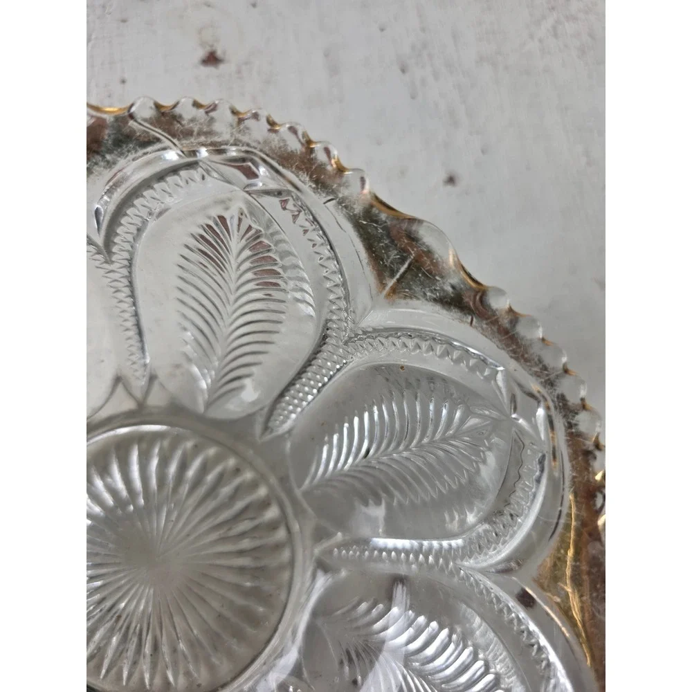 Antique Gold Trimmed Cut Glass Candy Dish Scalloped Feather Pattern Round Bowl